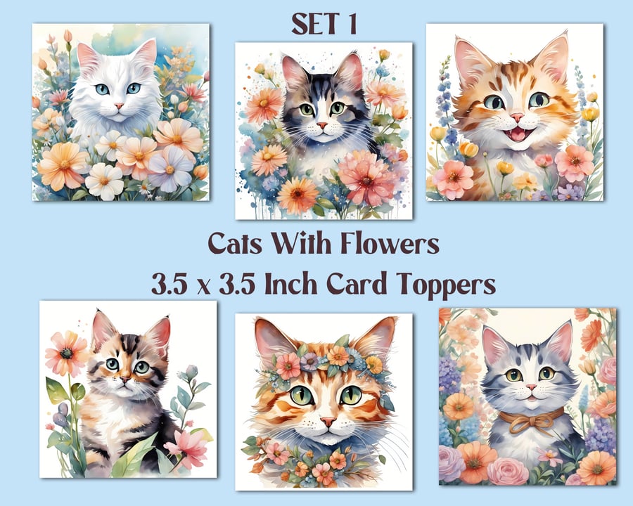 Cats with Flowers Square Card Toppers for Card Making, Journals, Tags, Scrapbook