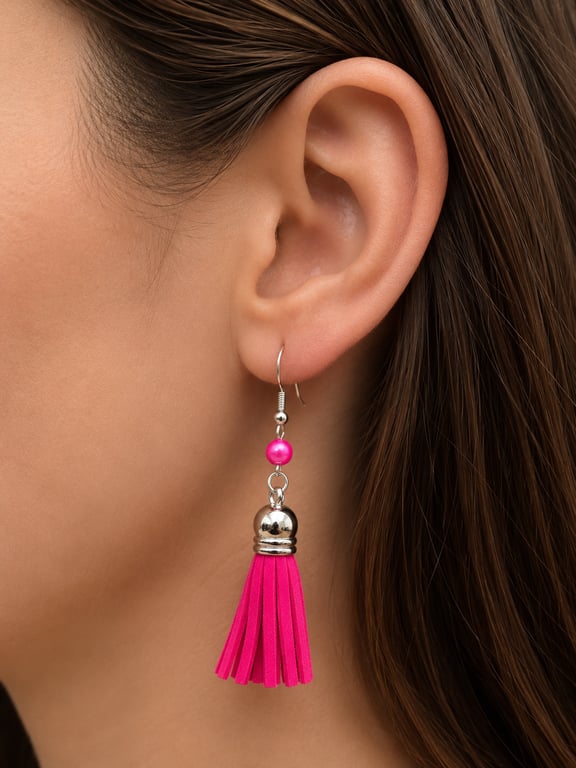 Hand made Fuchsia suede tassel drop earrings