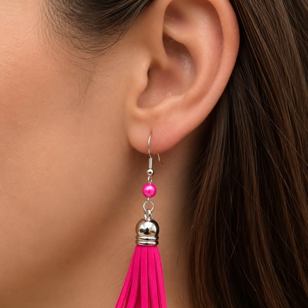 Hand made Fuchsia suede tassel drop earrings