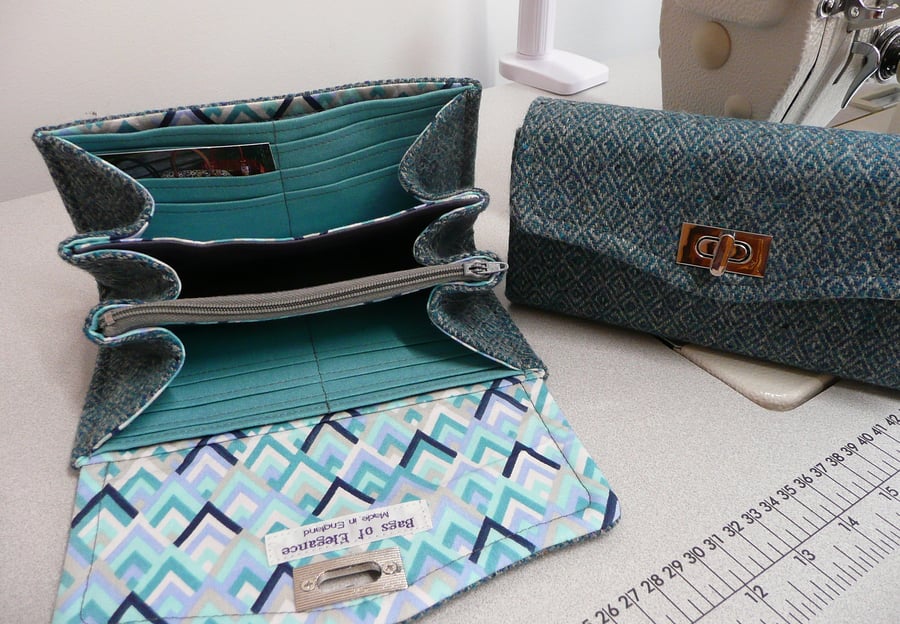 wool tweed wallet, teal and grey British wool tweed purse, credit card wallet