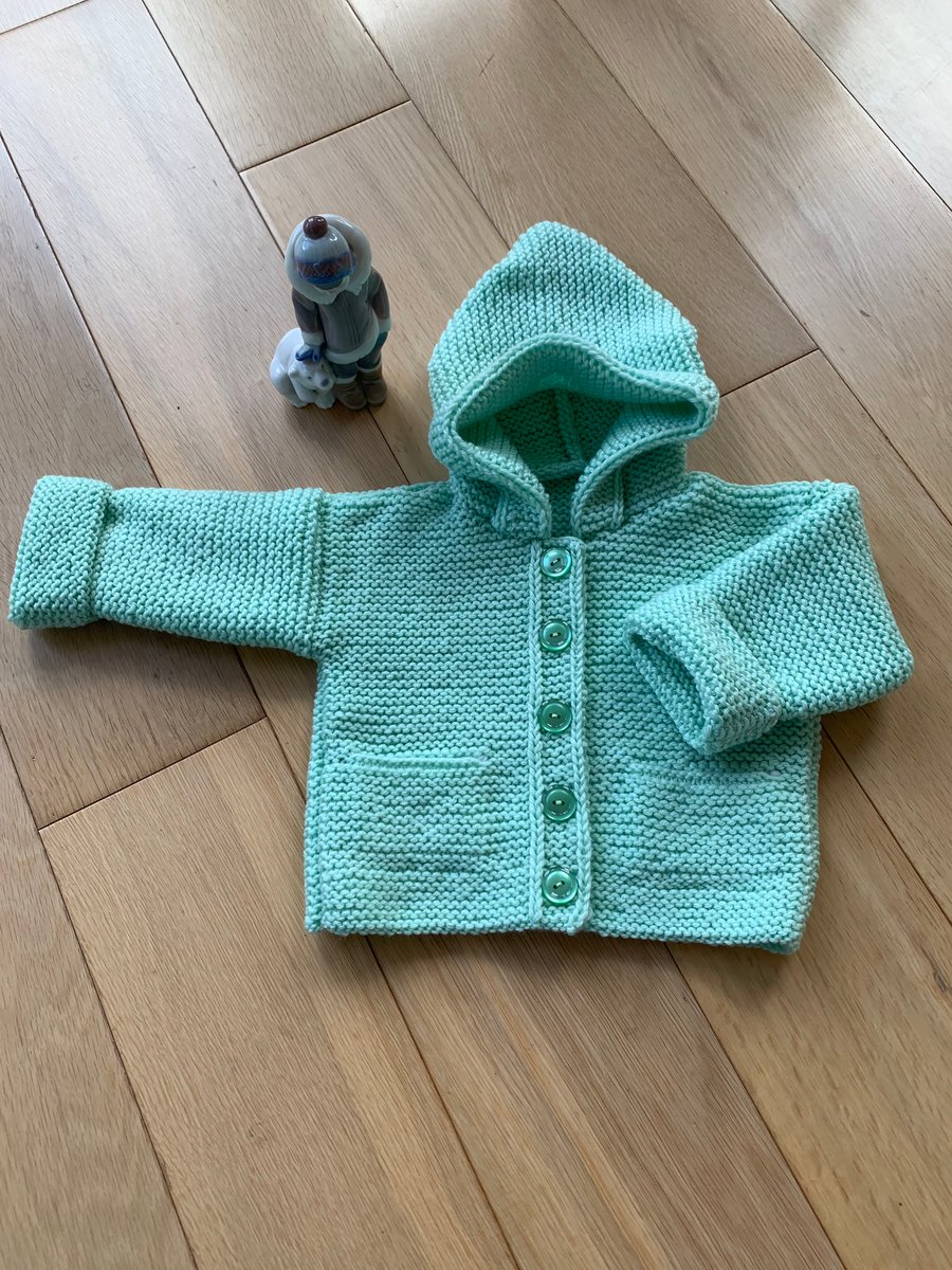  Unisex Mint Green Baby Hooded Merino Jacket  for size 18ins, 45 cm 3-6 months 