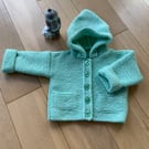  Unisex Mint Green Baby Hooded Merino Jacket  for size 18ins, 45 cm 3-6 months 