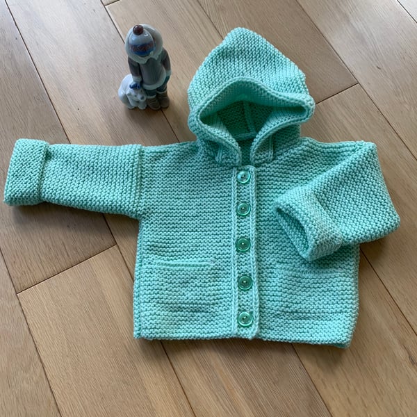  Unisex Mint Green Baby Hooded Merino Jacket  for size 18ins, 45 cm 3-6 months 