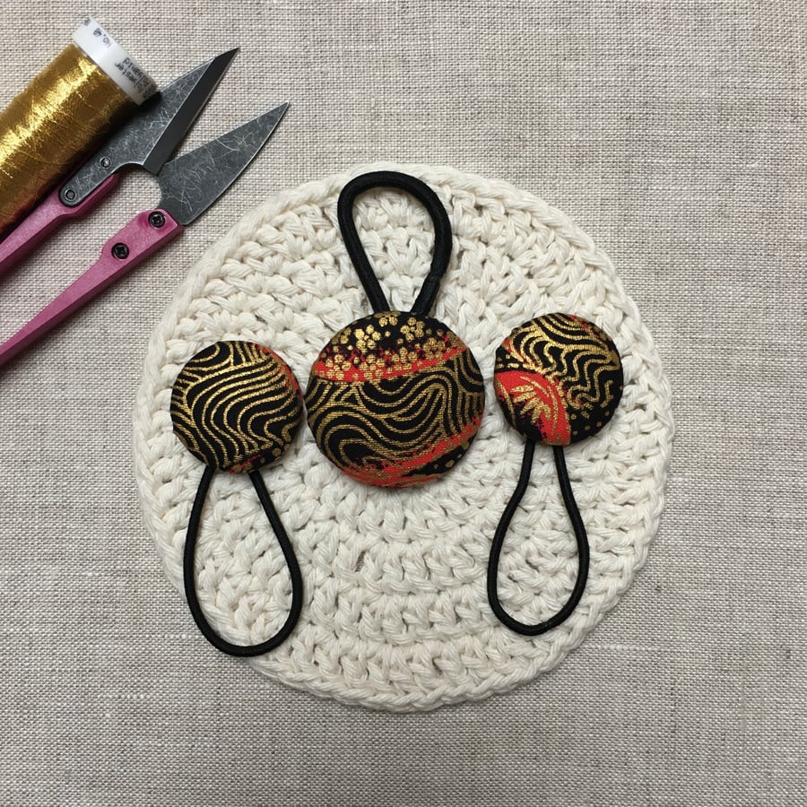 Black Red and Gold Japanese Fabric Hair Ties Hair Bobbles