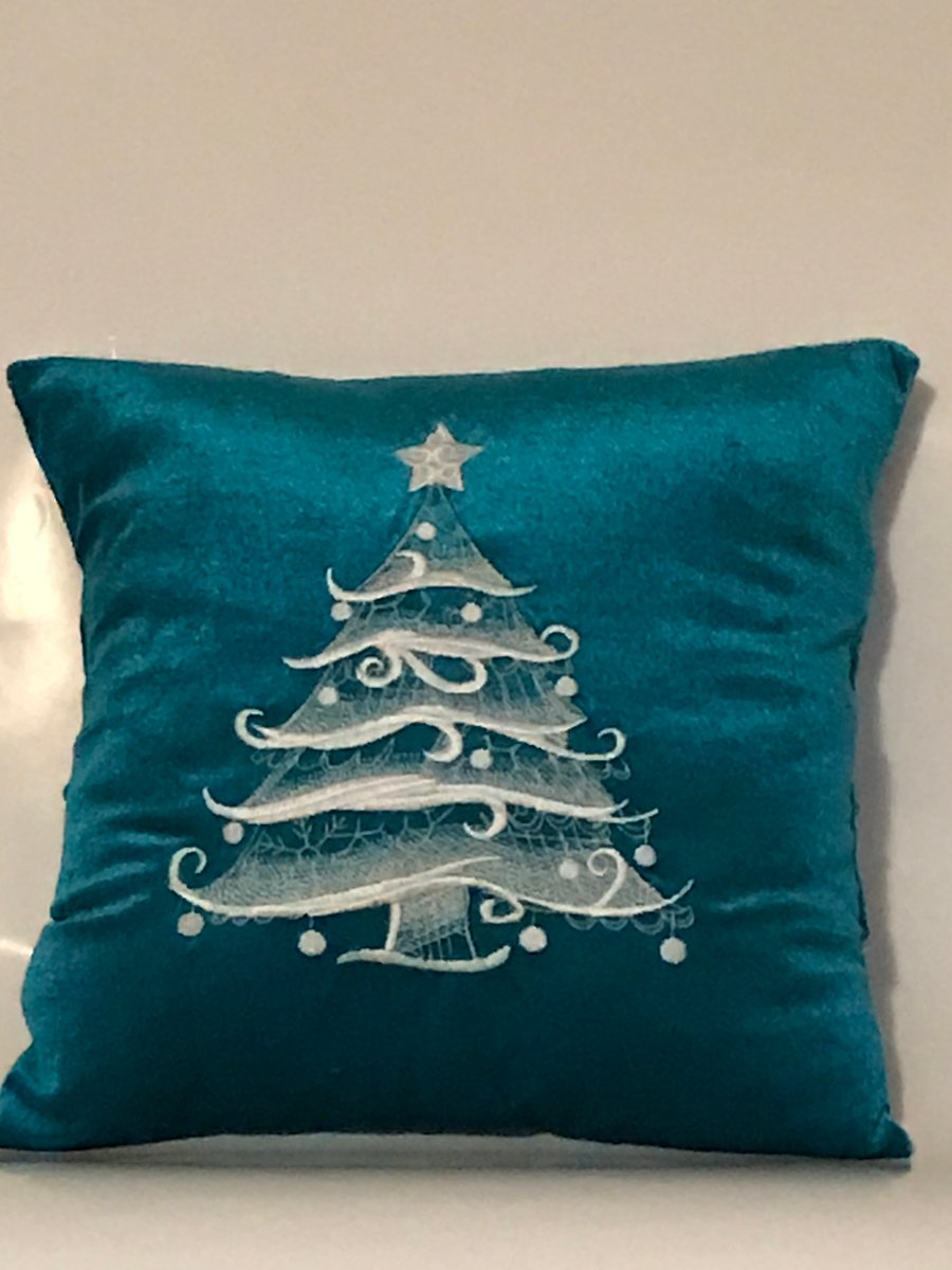 Snow Baroque Christmas Tree Embroidered Cushion Cover 12”x12”