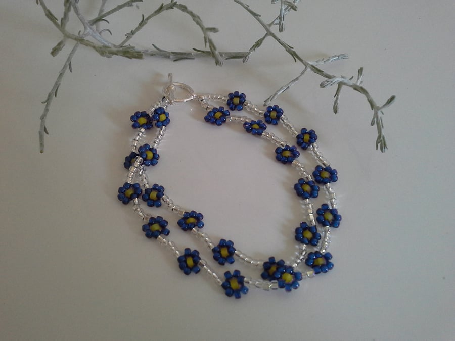 Stand with Ukraine Daisy Seed Bead Bracelet Silver Plated