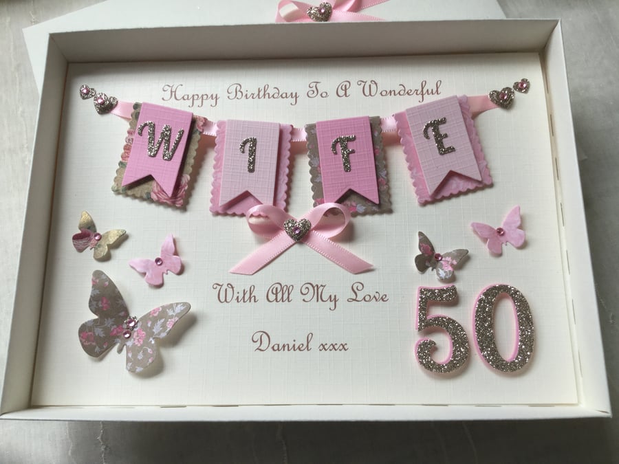 Personalised Handmade Wife Birthday Card Gift Boxed Any Age Mum 30 40 50 60 70 