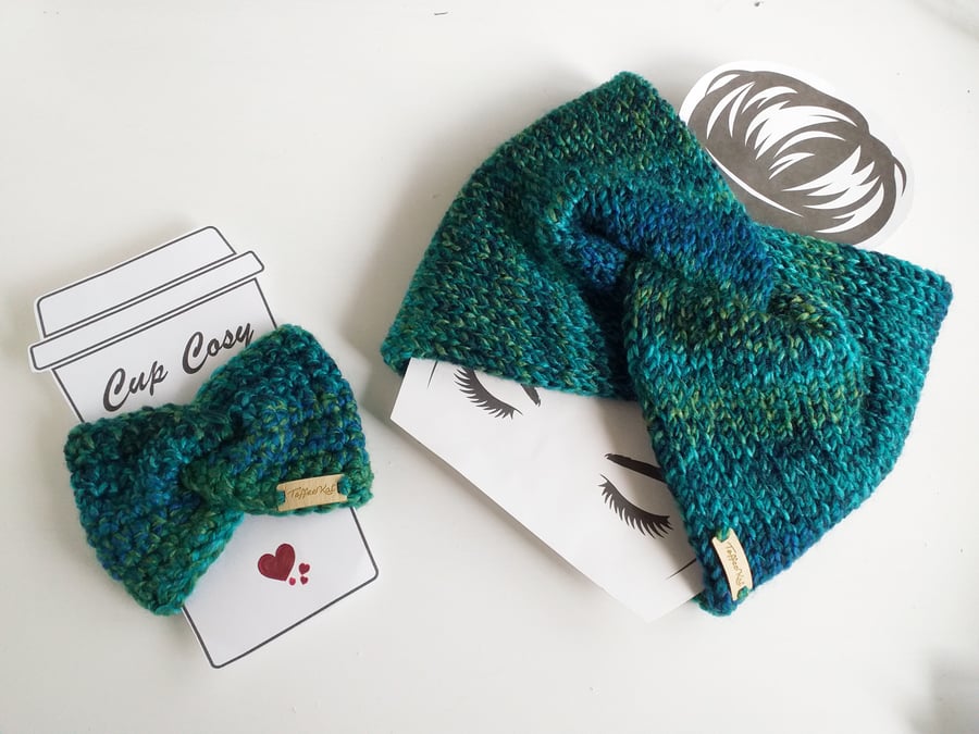 Knitted Headband and Matching Cup Cosy, Green and Blue Soft Ear Warmers