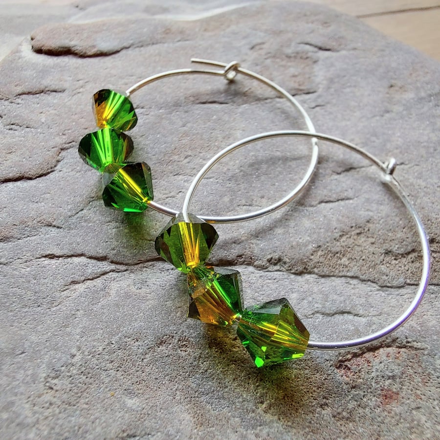 Silver Beaded Hoop Earrings with Swarovski Crystal Bicone Beads
