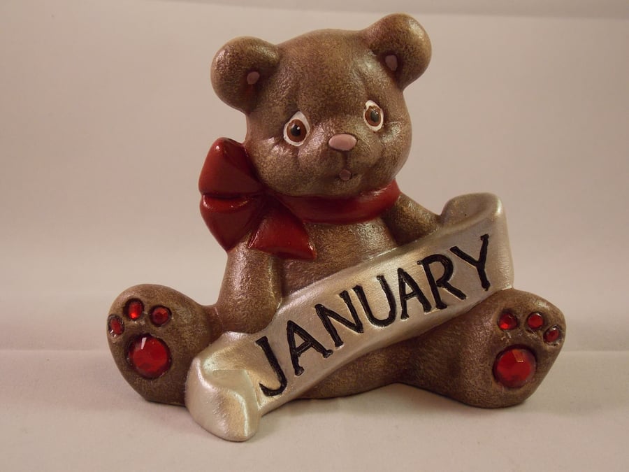 Ceramic Hand Painted January Keepsake Birthstone Bear Animal Figurine Ornament. 