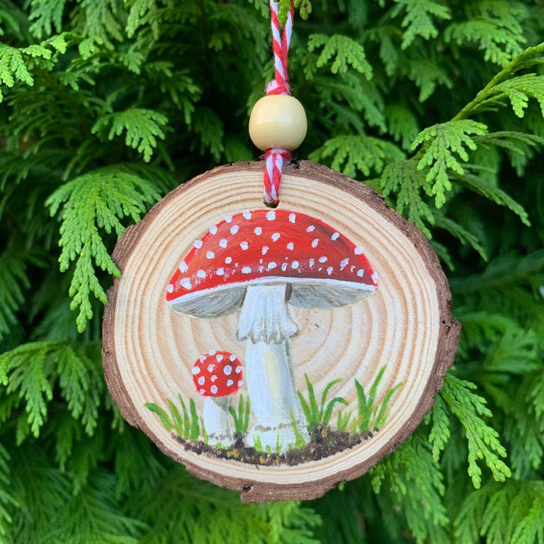 Mushroom Hand Painted Wood Slice Ornament, Fly Agaric Mushroom Decoration