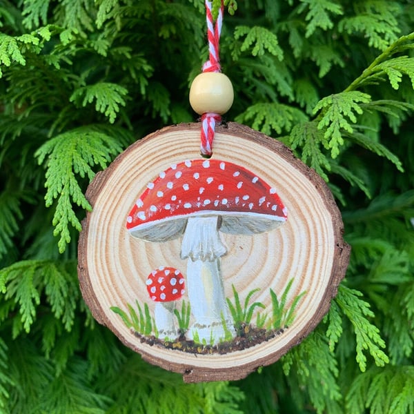Mushroom Hand Painted Wood Slice Ornament, Fly Agaric Mushroom Decoration