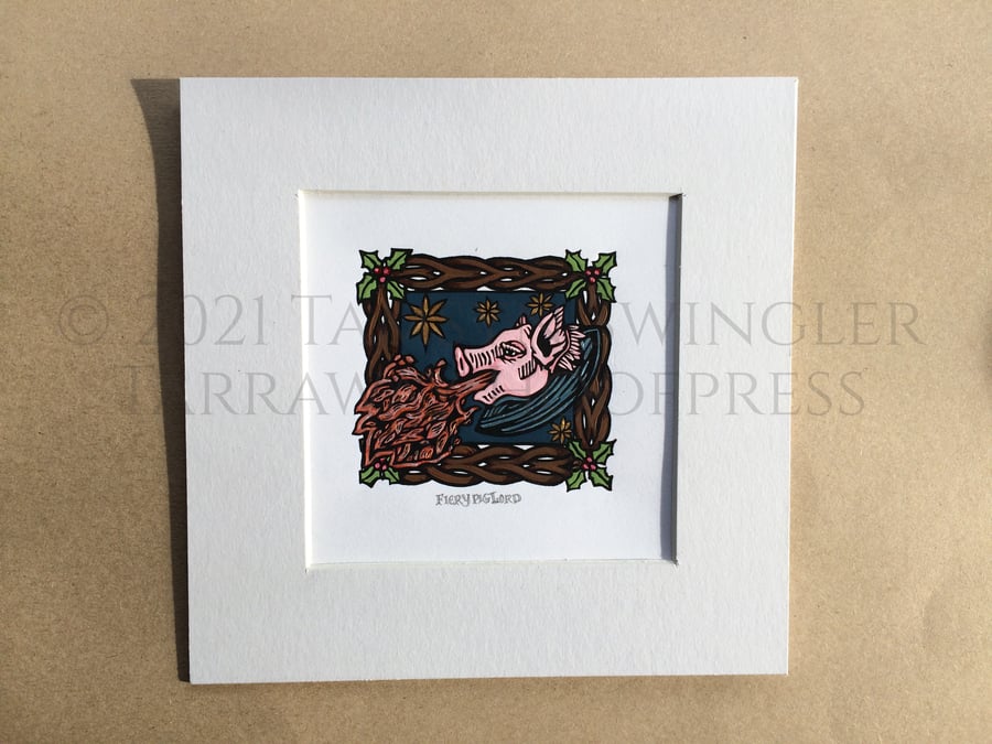 Fiery PigLord - In Full Colour - Limited Edition Hand Painted Lino Print