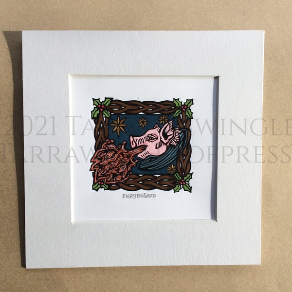 Fiery PigLord - In Full Colour - Limited Edition Hand Painted Lino Print