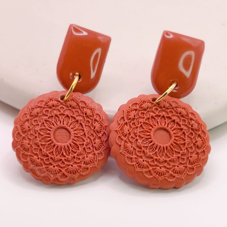 Terracotta Mandala Earrings, Burnt Orange Boho Dangle Earrings