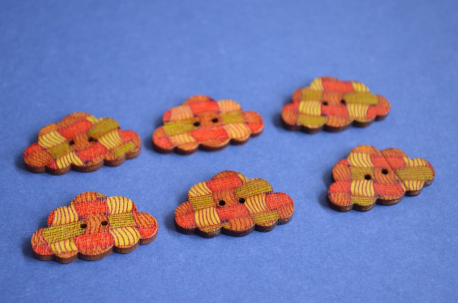 Wooden Cloud Buttons Orange Yellow 6pk 30x20mm (CD1)