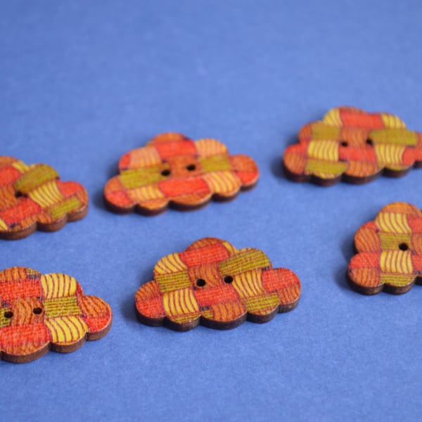 Wooden Cloud Buttons Orange Yellow 6pk 30x20mm (CD1)