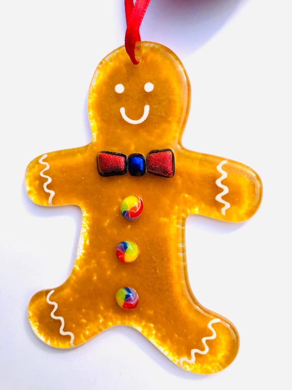 Fused glass gingerbread  man person rainbow Christmas tree decoration 