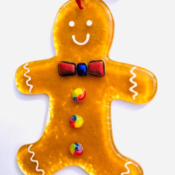 Fused glass gingerbread  man person rainbow Christmas tree decoration 