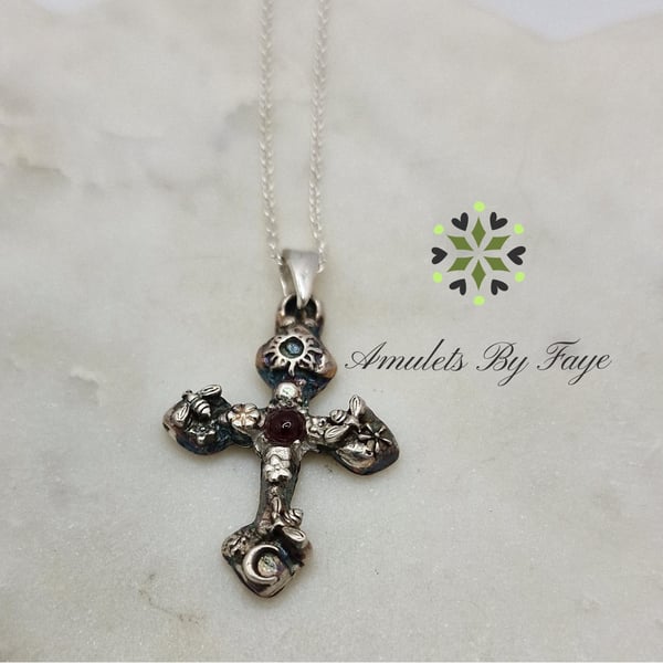 Sterling Silver Cross Pendant, Bees, Flowers, Sun & moon with Garnet Necklace.