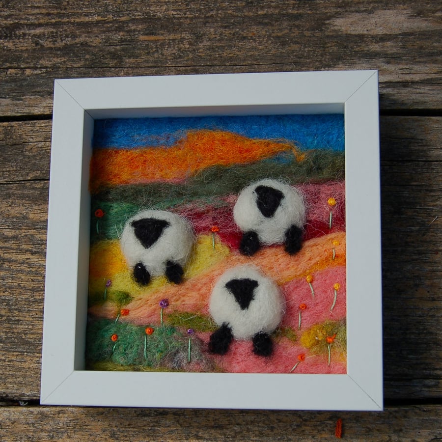 Three Sheep amongst flowers - needlefelt with embroidery