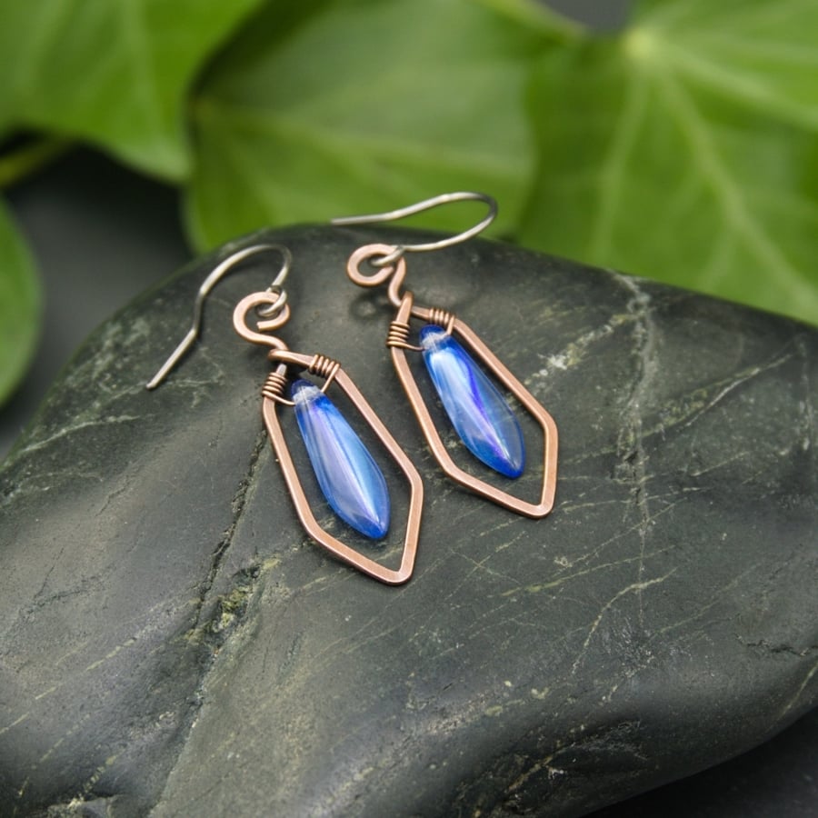 Hammered Copper Wire Earrings with Blue AB Glass Dagger Beads