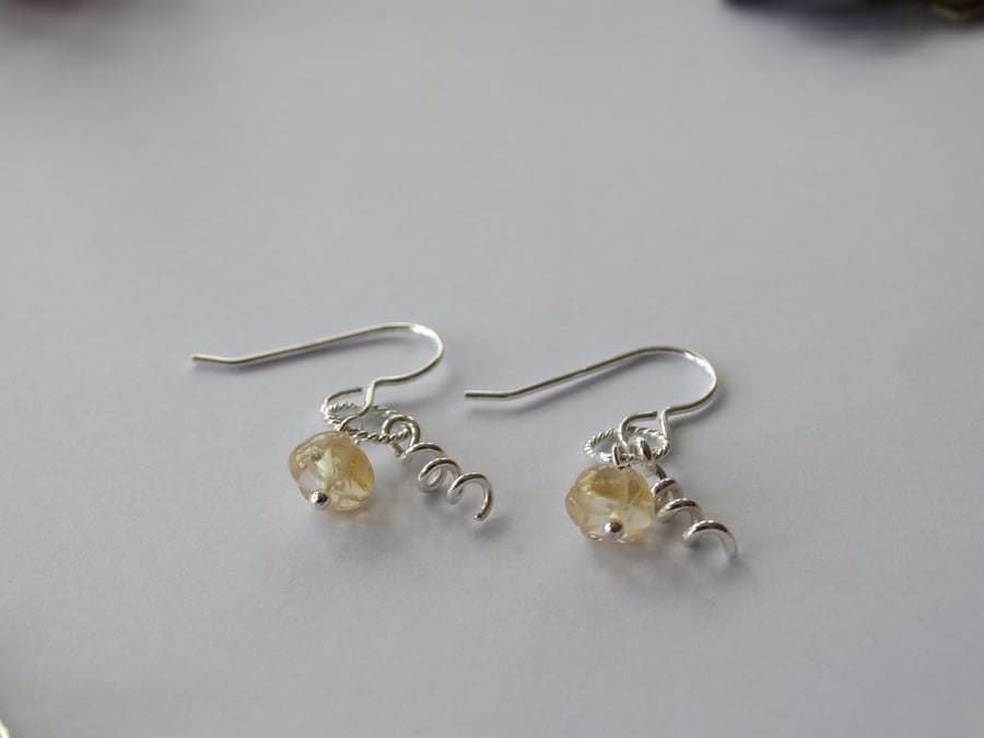 Tiny pumpkin dangly earrings in recycled sterling silver and citrine