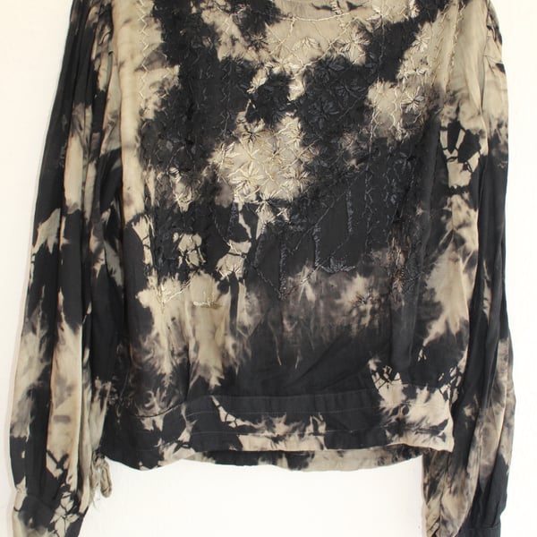 Tie dye blouse,Ladies Vintage 90's reworked black and gold,long sleeve