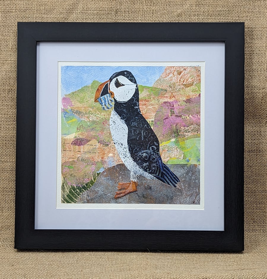 Puffin collage and mixed media framed artwork 