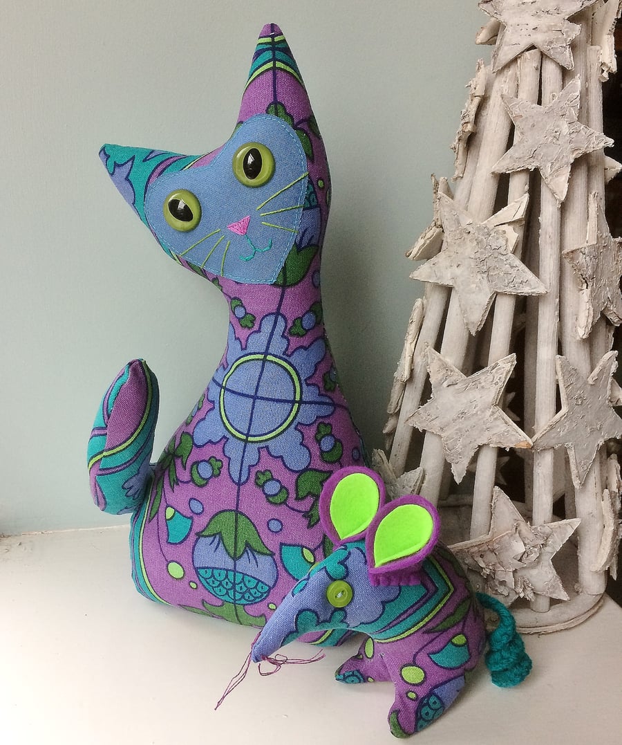 Mid Century Retro CAT and mouse  - Purple and Blue