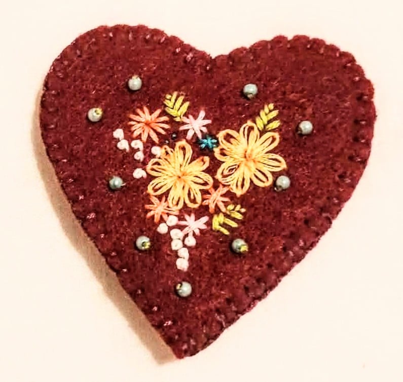 Felt heart shaped brooch, textile art embroidered floral jewellery