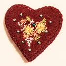 Felt heart shaped brooch, textile art embroidered floral jewellery