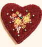 Felt heart shaped brooch, textile art embroidered floral jewellery