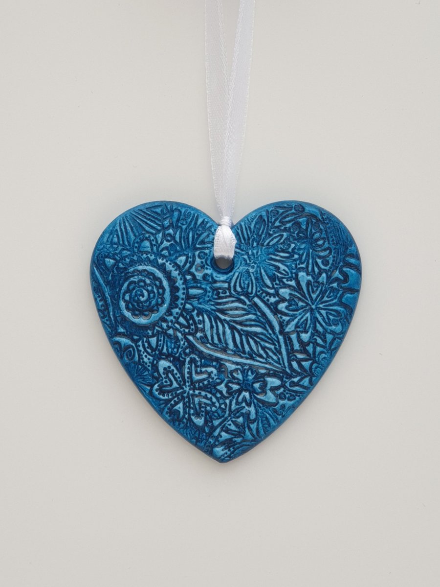 SECONDS SUNDAY SALE Blue love  heart decoration, clay heart hanging decoration 
