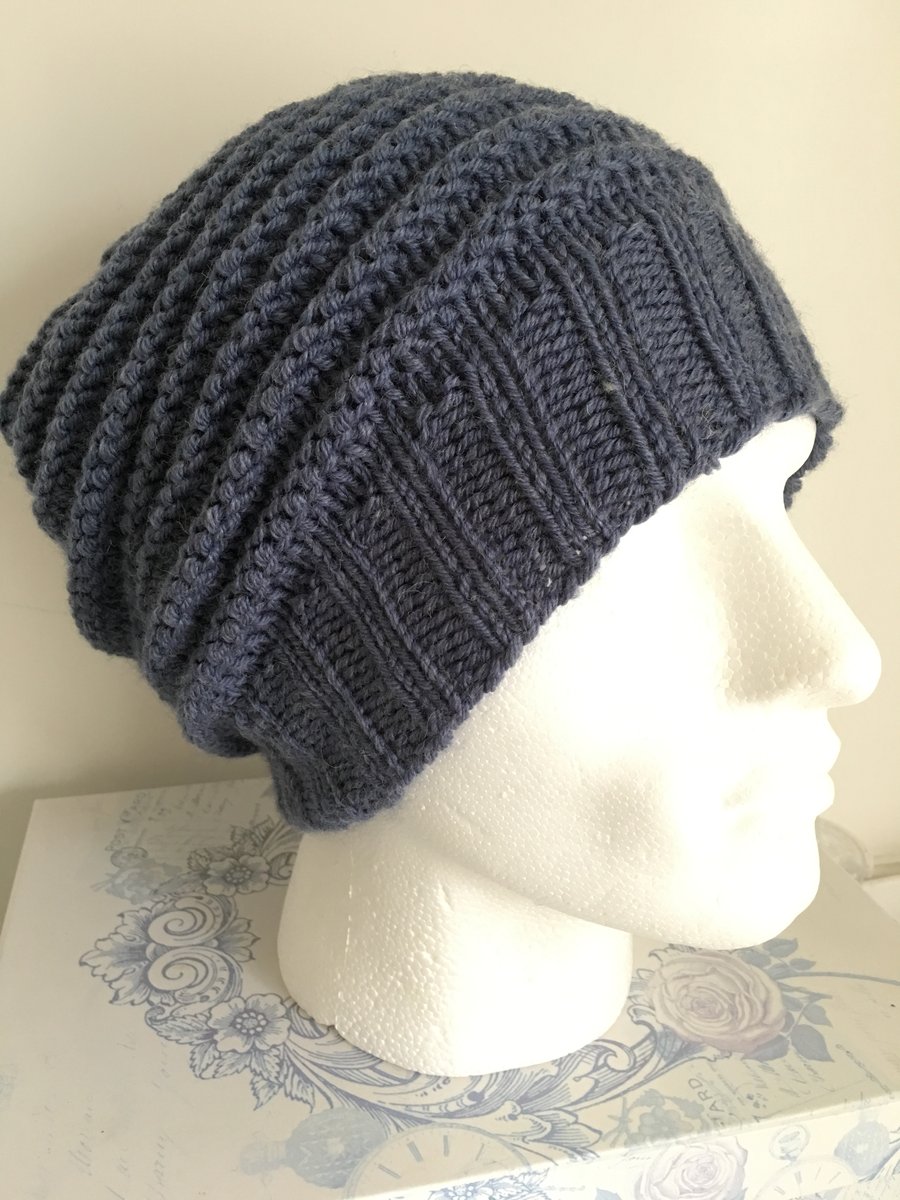 Mens Blue Slouchy Beanie, Textured Woolly Cool Outdoor Hipster Skull Hat for Him