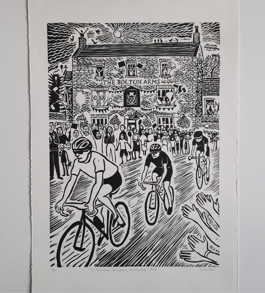 Large limited edition linoprint. Cyclists, le Tour, Yorkshire 
