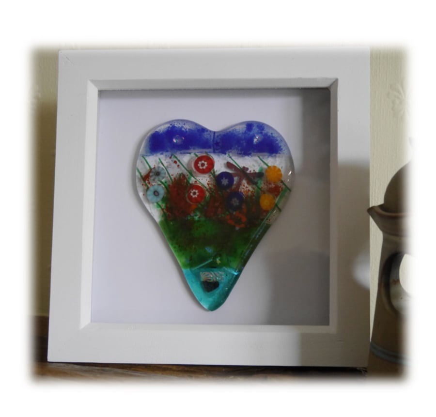 Flower Garden Heart in Box Frame Fused Glass Picture 005