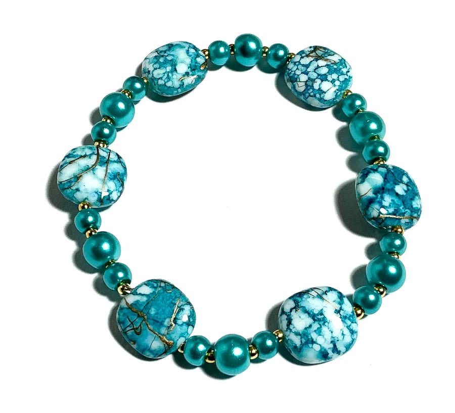 Turquoise And Gold Beaded Bracelet