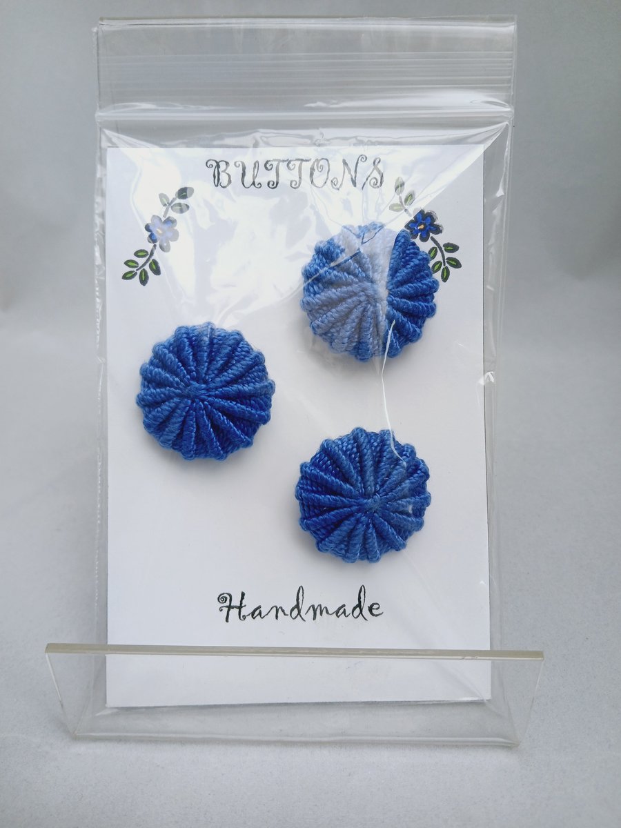 Buttons Blue 30mm Handmade Embroidered Yorkshire Style