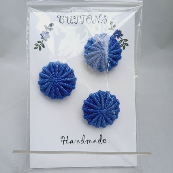 Buttons Blue 30mm Handmade Embroidered Yorkshire Style