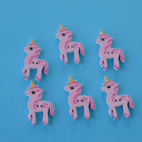 Wooden Pink Unicorn Buttons  6pk 30x15mm approx. (U3)