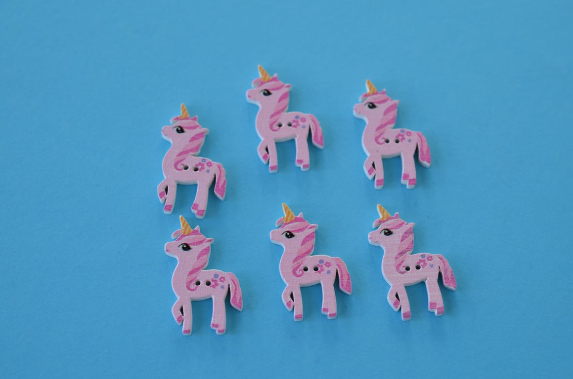 Wooden Pink Unicorn Buttons  6pk 30x15mm approx. (U3)