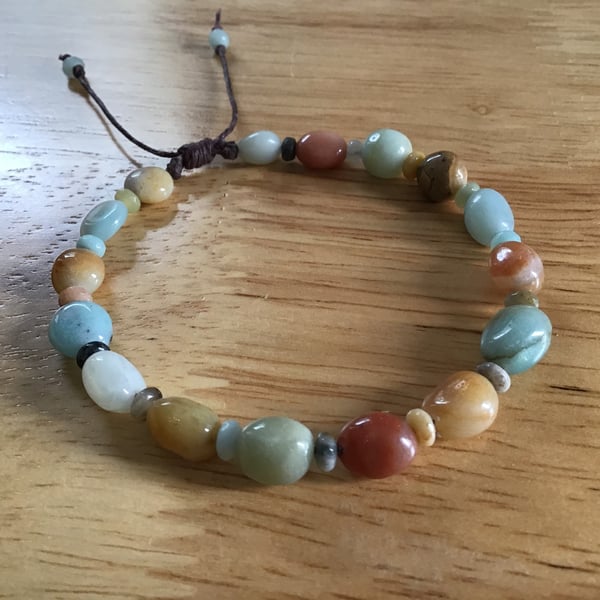 Natural Amazonite mixed colour polished pebble adjustable bracelet