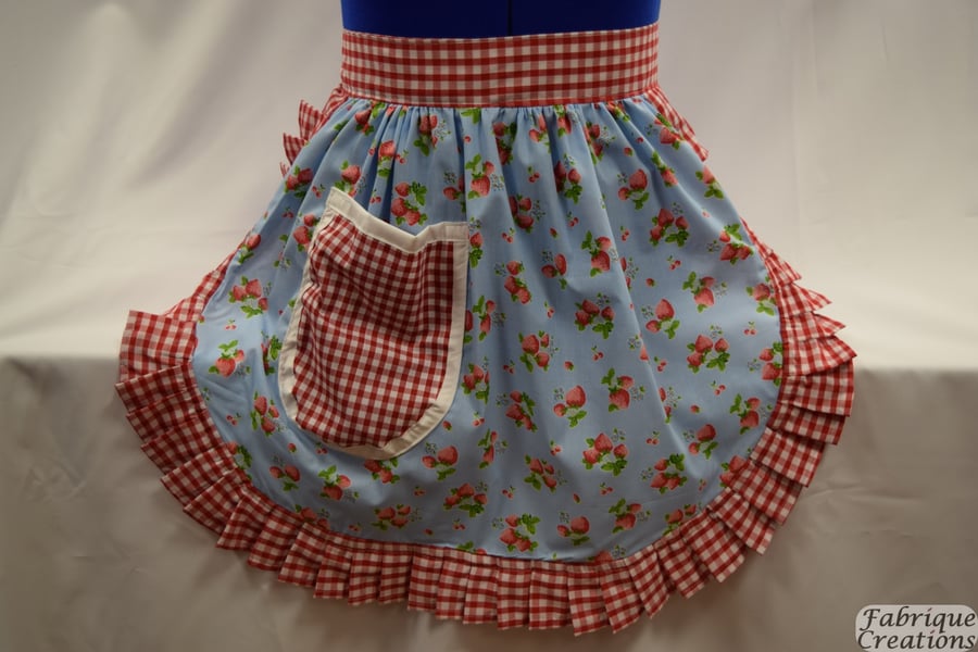 Vintage 50s Style Half Apron Pinny - Sky Blue with Strawberries with Gingham Tri