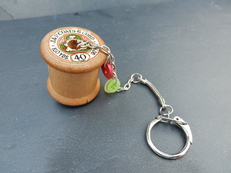 Upcycled vintage wooden cotton reel and button keyring