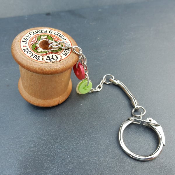 Upcycled vintage wooden cotton reel and button keyring