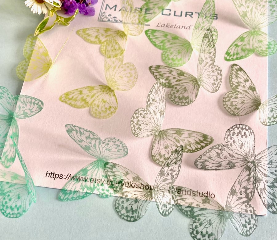 Hand printed silk butterflies in shades of green