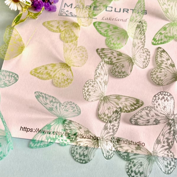 Hand printed silk butterflies in shades of green