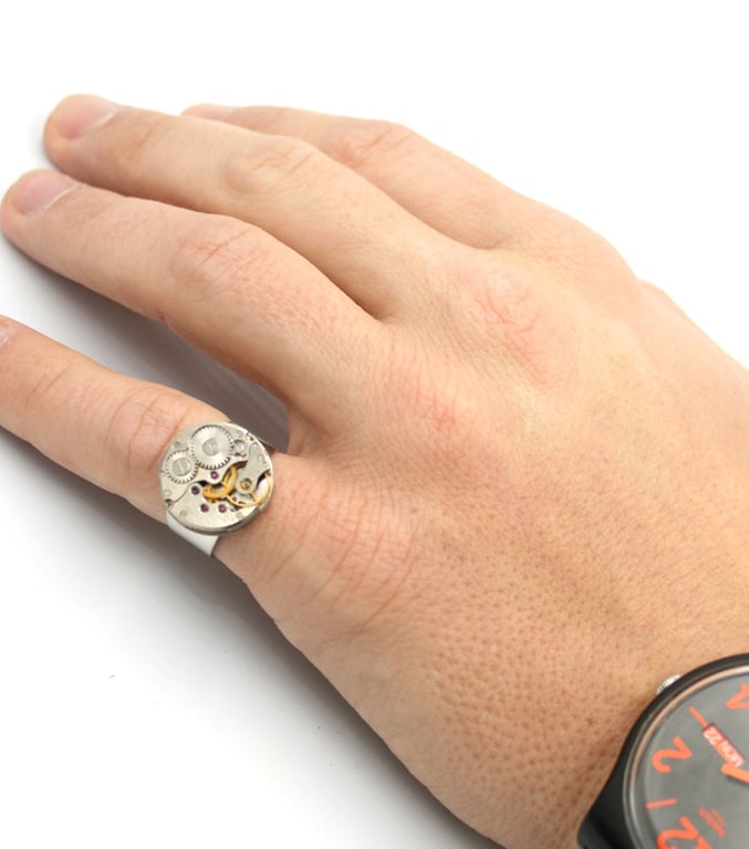 Steampunk Signet Mens Ring made of Watch work, Mens Pinky Ring as Birthday Gift 