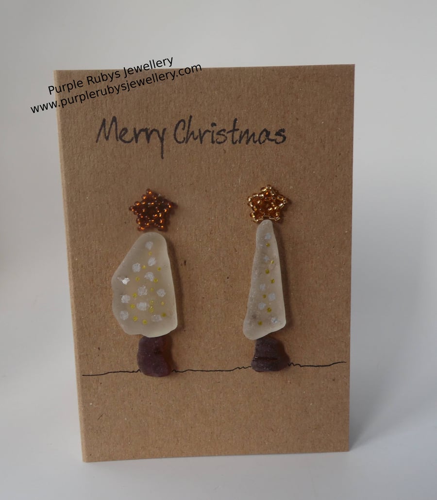 Sea Glass Snowy Christmas Trees with Gold & Silver Lights Christmas Card C263